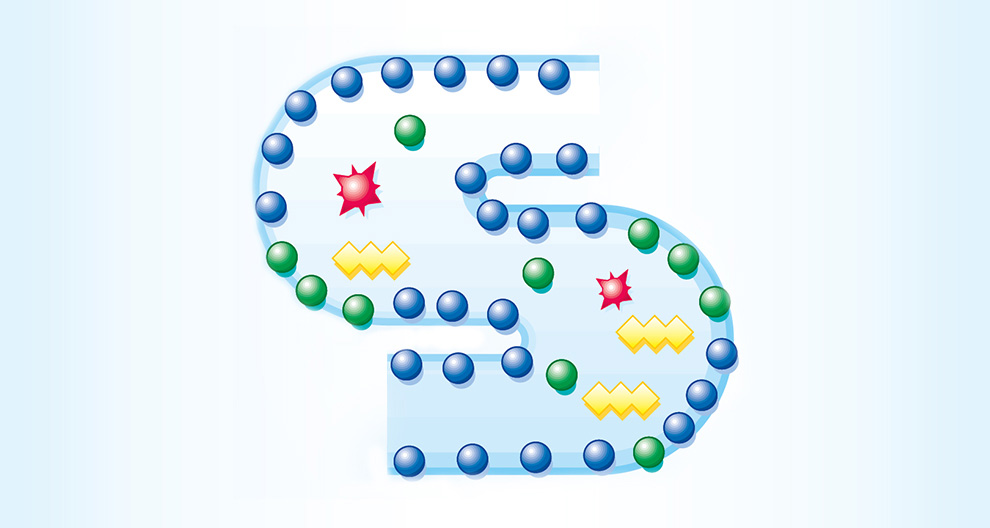 A stylized letter 'S' composed of blue circles, with green and red elements interspersed.