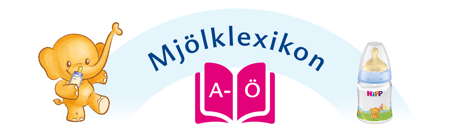 En tecknad elefant som håller i en nappflaska är placerad till vänster om en bok med bokstäverna "A-O" och ordet "Mjölklexikon" ovanför.