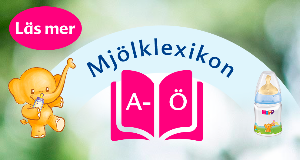 En animerad elefant som håller i en nappflaska står bredvid en bok med bokstäverna "A-O" och en nappflaska med en etikett till höger.