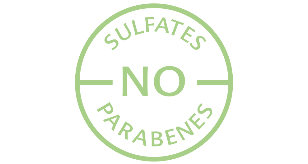 En cirkelformad symbol med orden "Sulfates" högst upp, "No" i mitten och "Parabenes" längst ned.