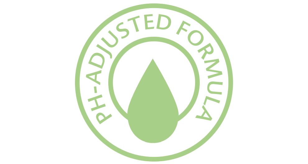 En cirkulär logotyp med texten "PH-Adjusted Formula" inuti, tillsammans med en stiliserad vattendroppe i mitten.
