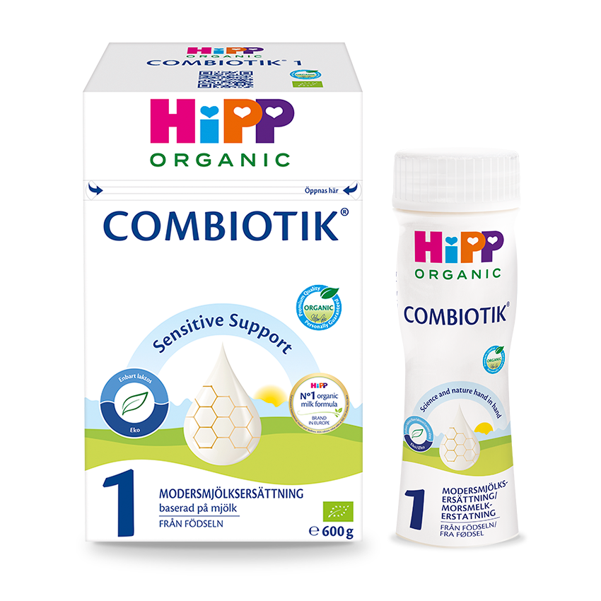 En produktförpackning för "HiPP Organic Combiotik" med fokus på "Sensitive Support", vilket indikerar att det är en modersmjölksersättning.