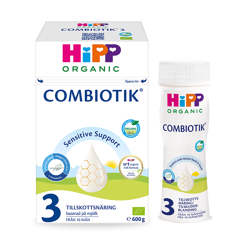 En låda och en flaska Hipp Organic Combiotik, en produkt för känsligt stöd, med fokus på ekologiska ingredienser och en vikt på 600 g.